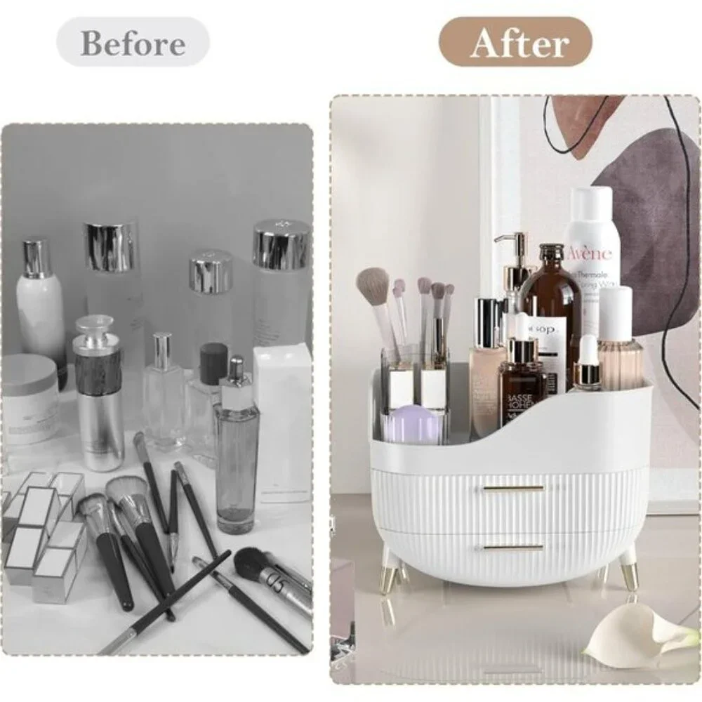 Makeup Organizer for Vanity, Large Skincare Storage Box with 2 Drawers - White